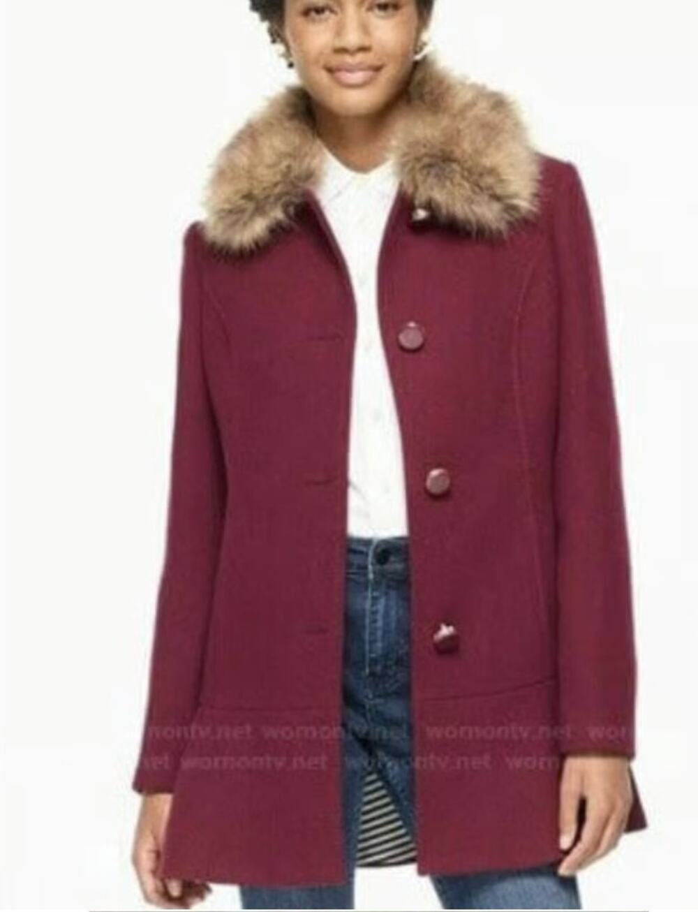 Kate Spade Maroon Wool Flounce  Pea Coat Faux Fur Collar Peplum Small Petite
